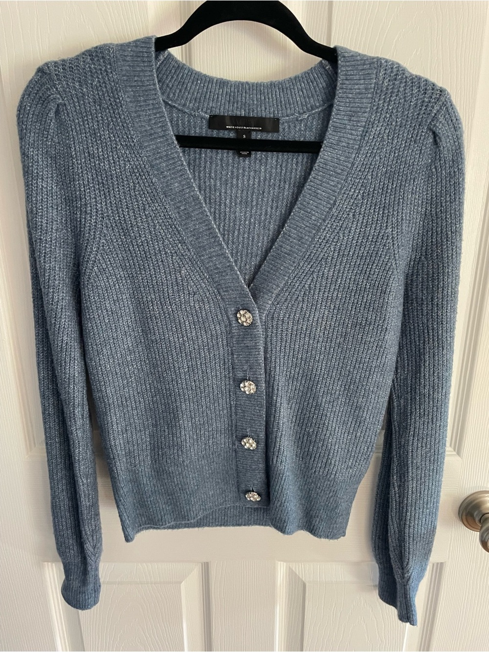 WHBM Women's Blue V-Neck Ribbed Button Cardigan Sweater Small